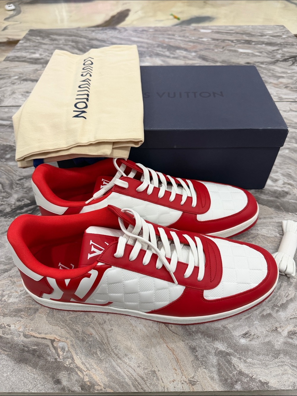 AUTHENTIC Louis Vuitton Men’s Red & White Low-Top Sneakers — Signature LV Detail